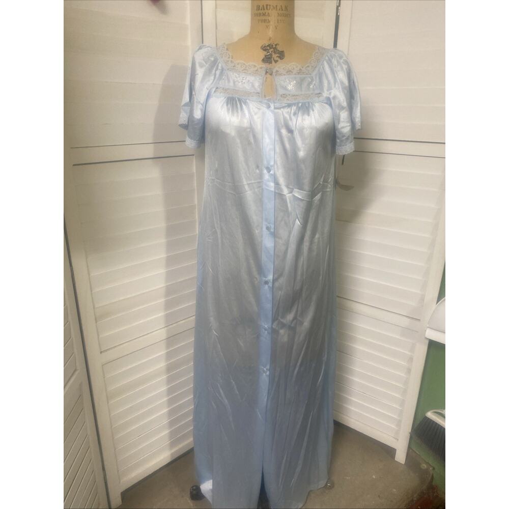 NWT Texsheen Lingerie Blue Maxi Nightgown Nylon Old Hollywood Peignoir Sz Small